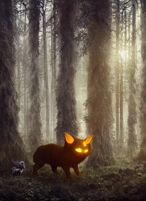 Prompt: a ominous furry creature with long twisted ears standing in a forest, big yellow glowing eyes, dark fantasy, michael kutsche, concept render, cinematic lighting