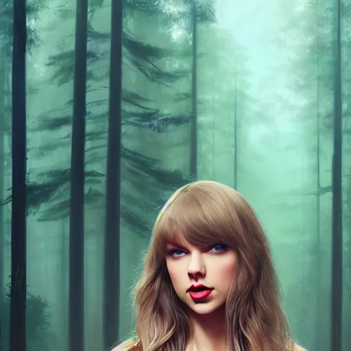Prompt: taylor swift, long hair with bangs, Crystal blue eyes, full-shot, beautiful colorful forest backround, oil colors, elegant, sharp focus, beautiful face, Hyper-realistic, Highly Detailed, HD, Dramatic Lighting by Brom, by beeple, studio ghibli, wallpaper, highly detailed, trending on artstation