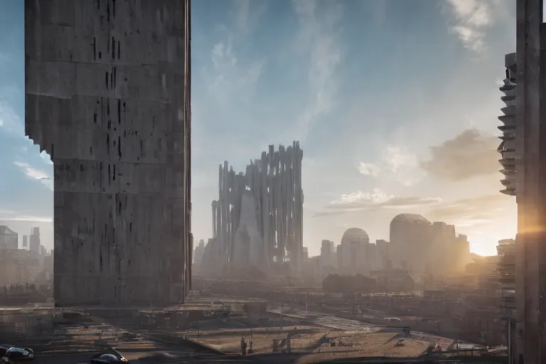 Image similar to streetscape, a towering cathedral of brutalist architecture, buildings covered with greebles, stunning volumetric light, sunset, metal, concrete and translucent material, stunning skies, majestic landscape, trending on Artstation, 8k, photorealistic, hyper detailed, unreal engine 5, IMAX quality, cinematic, epic lighting, in the style of Greg Rutkowski