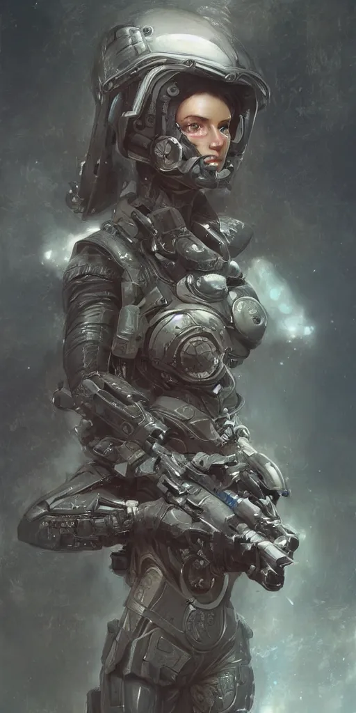 Prompt: retro futuristic female armed soldier portrait with open fractal ornate helmet, highly detailed, cinematic, 8k, by Stanley Artgermm, Tom Bagshaw, Greg Rutkowski, Vincent di Fate, Carne Griffiths, Ayami Kojima, trending on DeviantArt, hyper detailed, full of color, digital art,