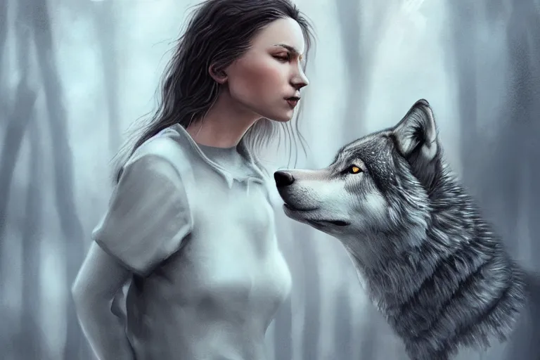 Image similar to woman living with wolves, highly detailed, photorealistic, reflections, smooth, sharp focus, concept art, illustration, beautiful, geometric, trending on artstation, cinematic, featured on behance , artwork by WLOP and Tran, Ross