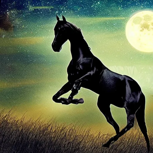 Image similar to photo of a black horse with wings of a a bat flies in the light of the full moon in the forest, high detail