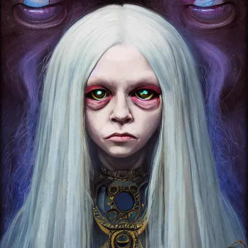 Prompt: portrait of small, cute, rubbery, huge-eyed, big-lipped albino mutant priestess with elaborate white hair with serious expression; science fiction concept art by Anato Finnstark, Margaret Keane, Greg Rutkowski