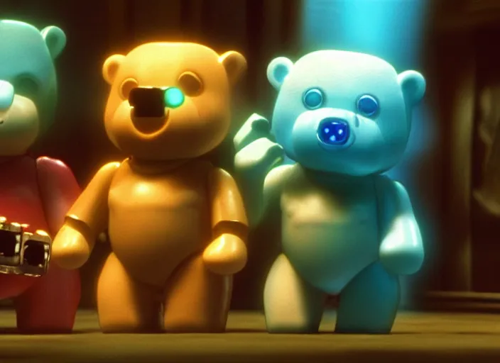 Prompt: film still of cyberpunk care bears in the fifth element movie, 4 k