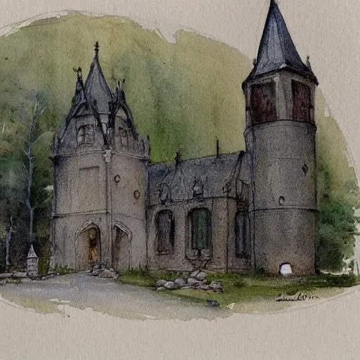 Image similar to (((((((watercolor sketch of Gothic revival castle gatehouse))))))) . muted colors. by Jean-Baptiste Monge !!!!!!!!!!!!!!!!!!!!!!!!!!!!!!!!!!!!!!!! ((((((((((((((((((watercolor sketch))))))))))))))))))