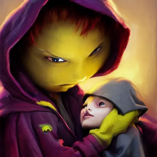 Prompt: Little nightmares, purple raincoat, fiery eyes, cuddling her gremling as in the movie, painted by raymond swanland