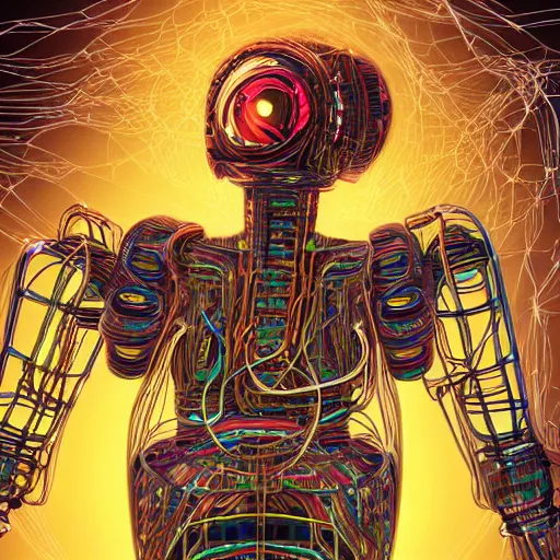 Prompt: a beautiful body of a bot pilot woman mostly made of wires and electronic circuits, an ultrafine detailed illustration by james jean, final fantasy, intricate linework, bright colors, behance contest winner, vanitas, angular, altermodern, unreal engine 5 highly rendered, global illumination, radiant light, detailed and intricate environment