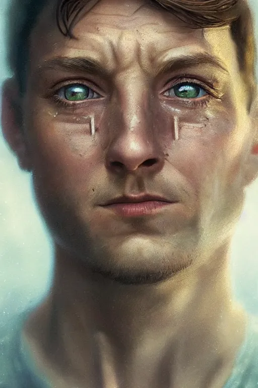 Image similar to a beautiful ultradetailed vintage photo of a toby maguire crying while playing spider man, by tom bagshaw and anna dittman, portrait, 2 4 mm lens, golden ratio composition, detailed face, studio photography, very detailed, humanoids, industrial robots, artstation, 8 k, highly coherent