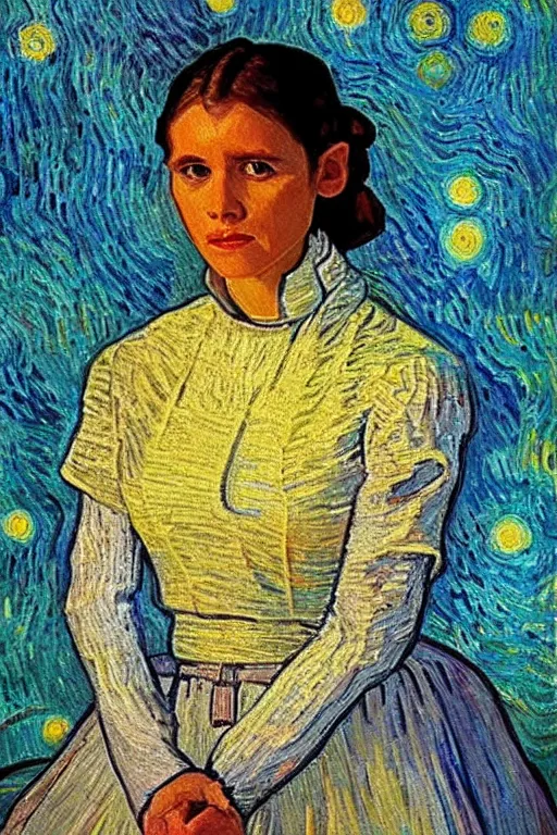 Image similar to bright beautiful oil painting portrait of young princess leia in 1 9 th century breton clothing, light scatter, van gogh