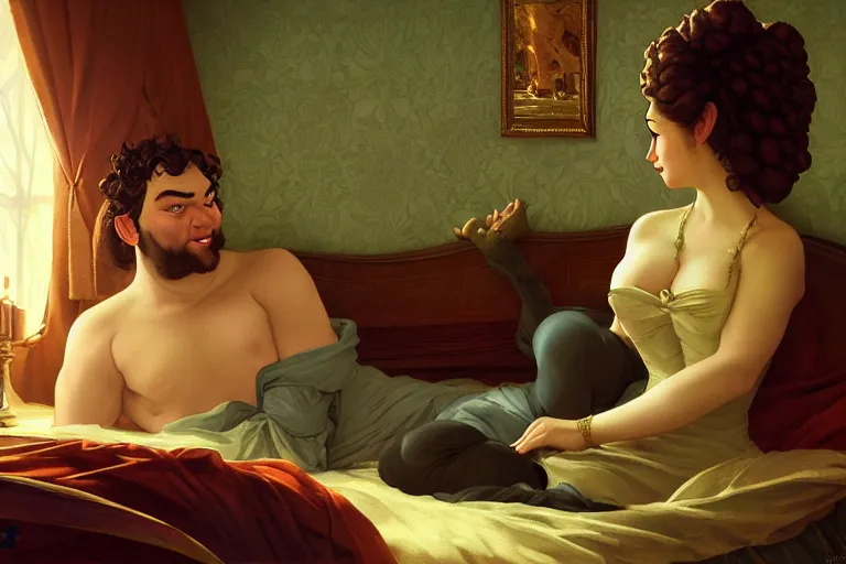 Image similar to russian poet alexander pushkin and shrek together in bed, portrait, highly detailed, digital painting, artstation, concept art, smooth, sharp focus, illustration, cinematic lighting, art by artgerm and greg rutkowski and alphonse mucha