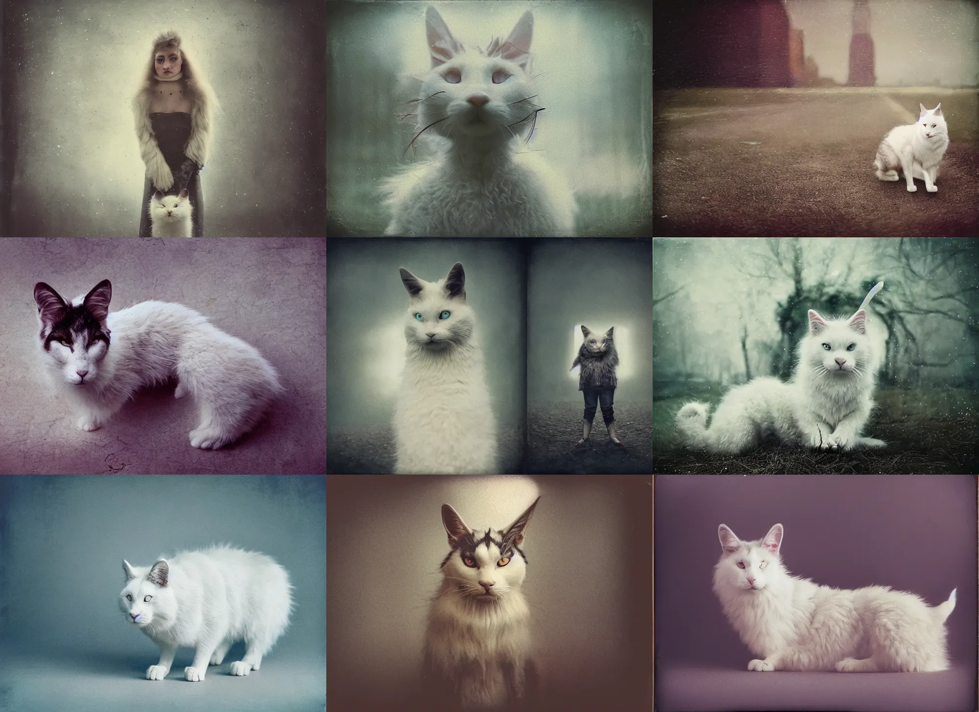 Prompt: close up potrait of oversized cyborg white wolf rabbit cat mutant in legnica, full body, nighttime, cinematic focus, polaroid photo, vintage, neutral dull colors, soft lights,, overcast by oleg oprisco, by gregory crewdson