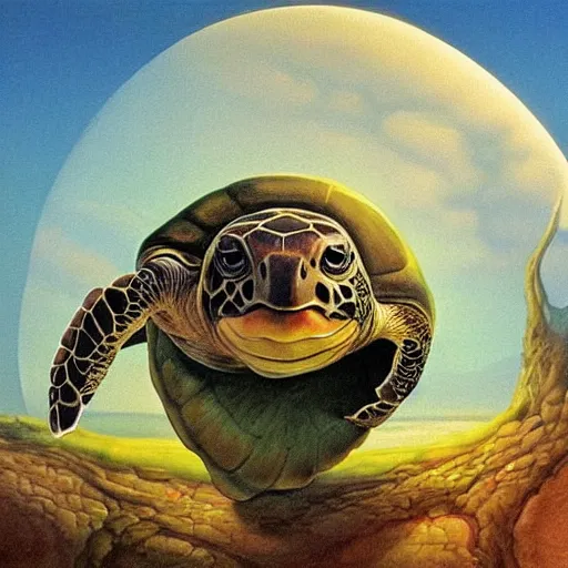 Image similar to a turtle with cow head, surrealism, painting by boris vallejo and michael whelan