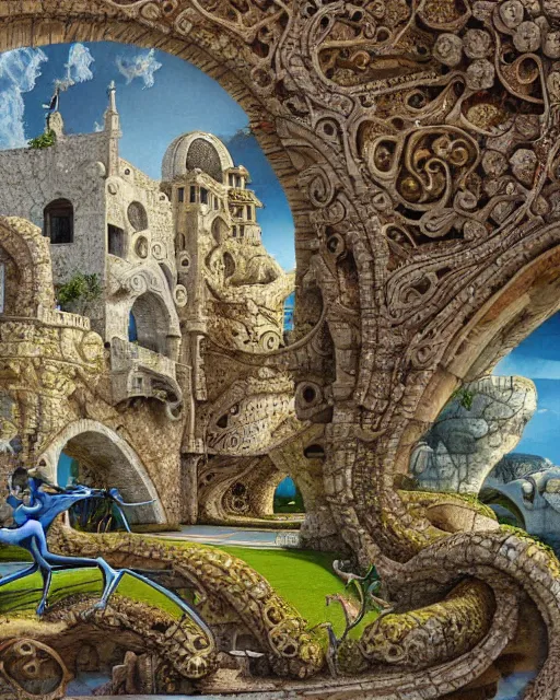 Image similar to conversano, apulia by roger dean, biomechanical, 4 k, hyper detailed