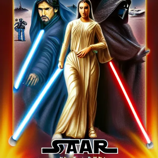 Image similar to super detailed star wars movie poster with Jesus Christ and kim kardashian, 8k full HD photo, cinematic lighting, anatomically correct, oscar award winning, action filled, correct eye placement,