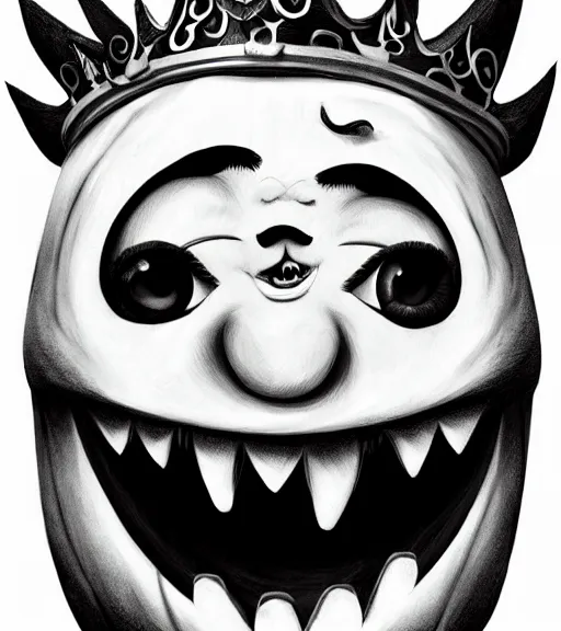 Prompt: a tim burton design of a pumpkin face with large eye bags, looks like a king, giant and fat, laughing, detailed game art illustration, menacing carved facial expression, creepy lighting, 4 k artstation, masterpiece