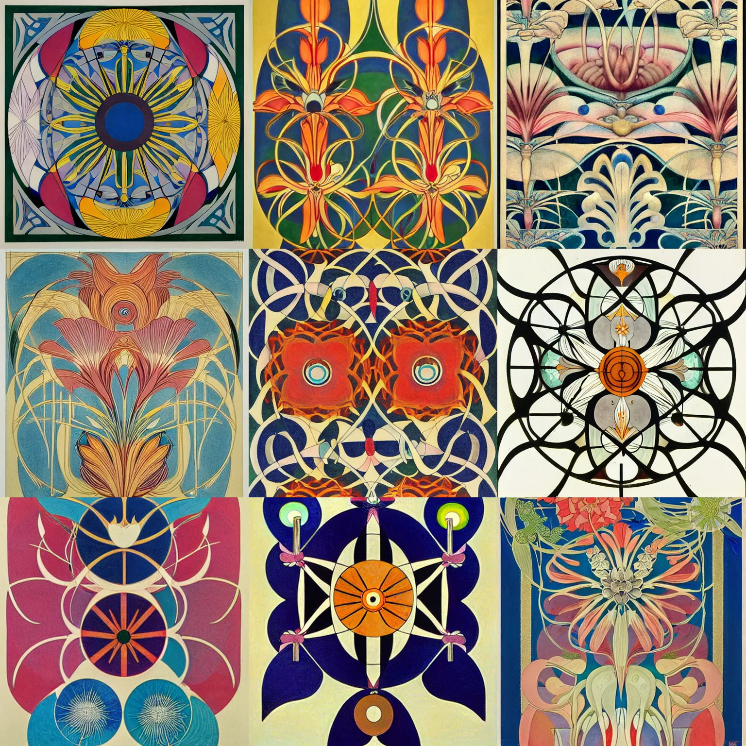 Prompt: flower ( ( art deco ) ) ( ( art nouveau ) ) ( ( ( bauhaus ) ) ), intricate detail, ( colorful ), ( symmetrical ), by ( hilma af klint ) and escher and hokusai and ( botticelli ) and frank lloyd wright and ( ( james jean ) )