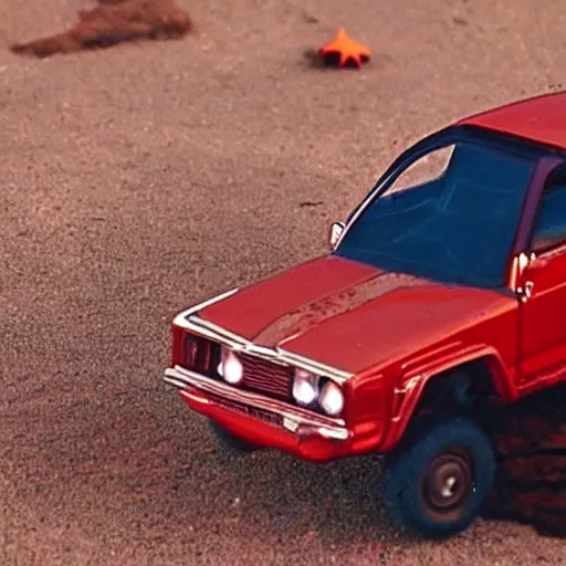 Prompt: 3 5 mm photo of metallic red aztek car like hot wheels model in area 5 1 as background, epic cinematic