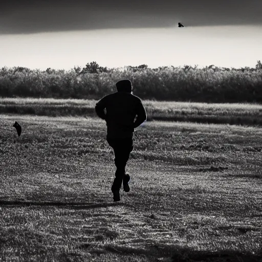 Prompt: man running away from crows, cinematic scene, dramatic backlighting, 3 5 mm