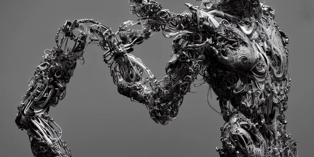 Image similar to hyper realistic photography of a stunningly beautiful cyborg male, elbow, plated arm, intimate, holding hands, ribbons, in the style of beth cavener, jin kagetsu,, and wlop, highly detailed, intricate filigree, symmetry, masterpiece, award winning, sharp focus, concept art, ringflash, ambient lighting, octane render, 8 k, artstation