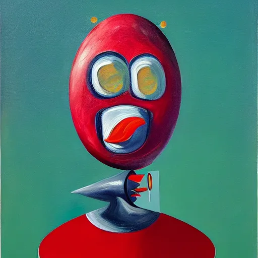 Prompt: a tin can character with a face and arms, opening its mouth, surrealist oil painting