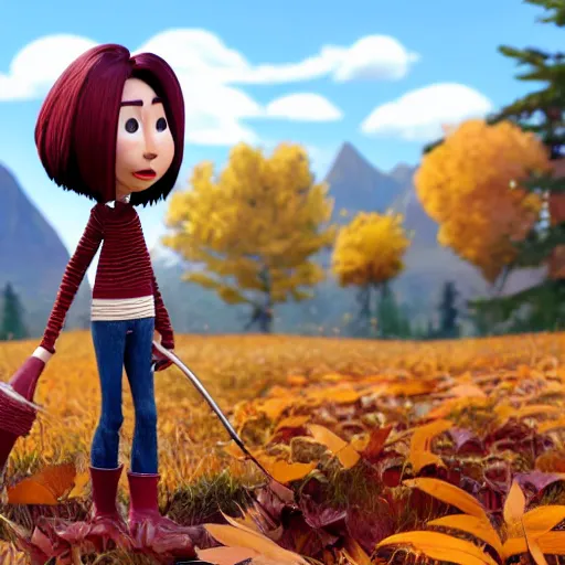 Image similar to a stopmotion animation character, a beautiful canadian woman, gardening, very attractive, spiky dark grey hair, striped sweater, tight denim jeans, maroon doc marten boots, canadian maple leaves blowing about, mountains, autumn, unreal engine 5, 8 k, kubo and the two strings, disney, pixar,