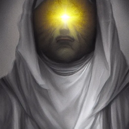 Prompt: Digital portrait of a terrified catholic priest in his thirties kneeled in fervent prayer at the summit of a medieval tower. Looking up with eyes wide open with fear looking straight at the viewer. Dressed in white. An ominous yellow shadow is descending upon him from the night sky. Award-winning digital art, trending on ArtStation