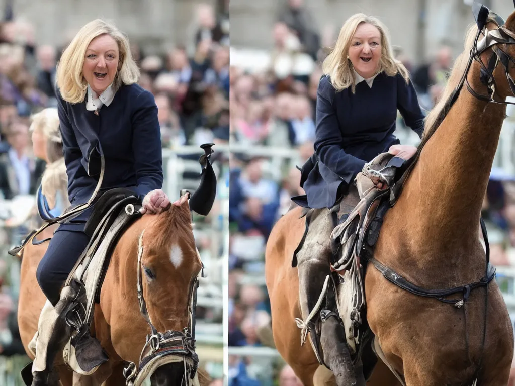 Image similar to liz truss inside a horse, her head visible in the horse's throat as it yawns