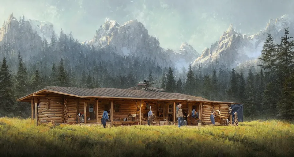 Image similar to cabela's beautiful comfortable modular pop - up insulated all terrain family dwelling, cabin,, person in foreground, mountainous forested wilderness open fields, beautiful views, painterly concept art, joanna gaines, environmental concept art, farmhouse, magnolia, concept art illustration, by james gurney, by craig mullins, by greg rutkowski trending on artstation