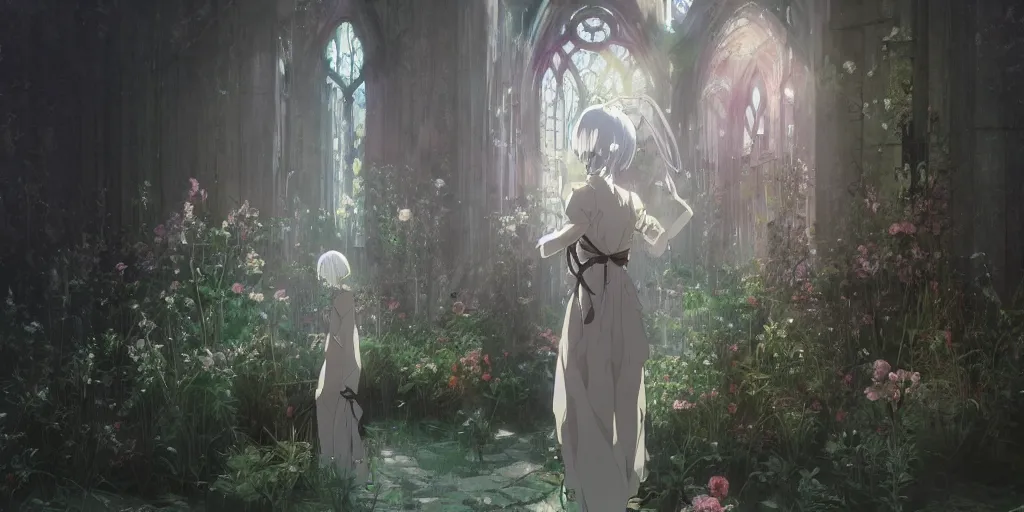 Image similar to anime kyoto animation key by greg rutkowski night, single white hair girl from behind, in abandoned chapel with overgrown flowers and plants