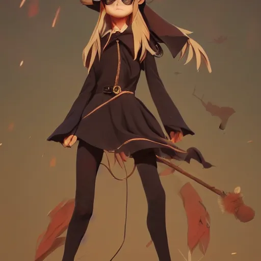 Image similar to full body portrait character concept art, anime key visual of a little witch with her caracal mascot, cinematic lighting, dramatic atmosphere, by dustin nguyen, akihiko yoshida, greg tocchini, greg rutkowski, cliff chiang, 4 k resolution, octane render