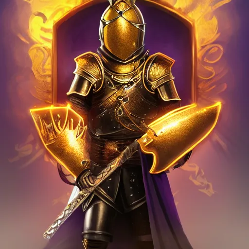 Image similar to a highly detailed knight with glowing purple eyes in a T golden helmet and a golden crown with a blue diamond in the center, golden armor, leather clothes under the armor, leather gloves, holds a black sword, artstation, DeviantArt, professional, octane render, sunset lighting