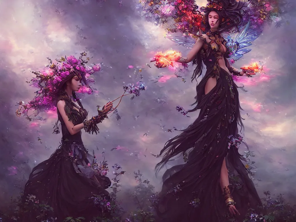 Image similar to a beautiful dark fire priestess fairy in a cyberpunk garden with cloud flowers, elegant pose, realistic illustrative painting, artgerm, visionary arts, huang guangjian