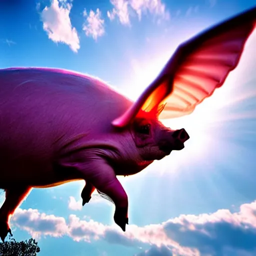 Prompt: national geographic photograph of a flying pig with big pink wings, daylight, outdoors, wide angle shot