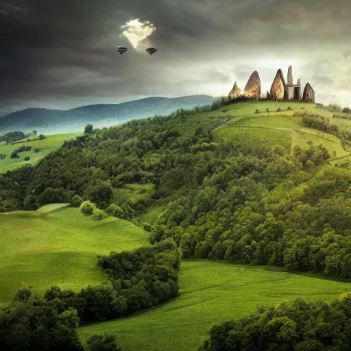 Image similar to Vast verdant valley surrounded by Transylvanian mountains, with a large zeppelin hovering in the foreground, and a ruined medieval castle on the hillside in the background. Late evening light in the summer, gloomy weather. Hyperrealistic, high quality, sharp, photography.