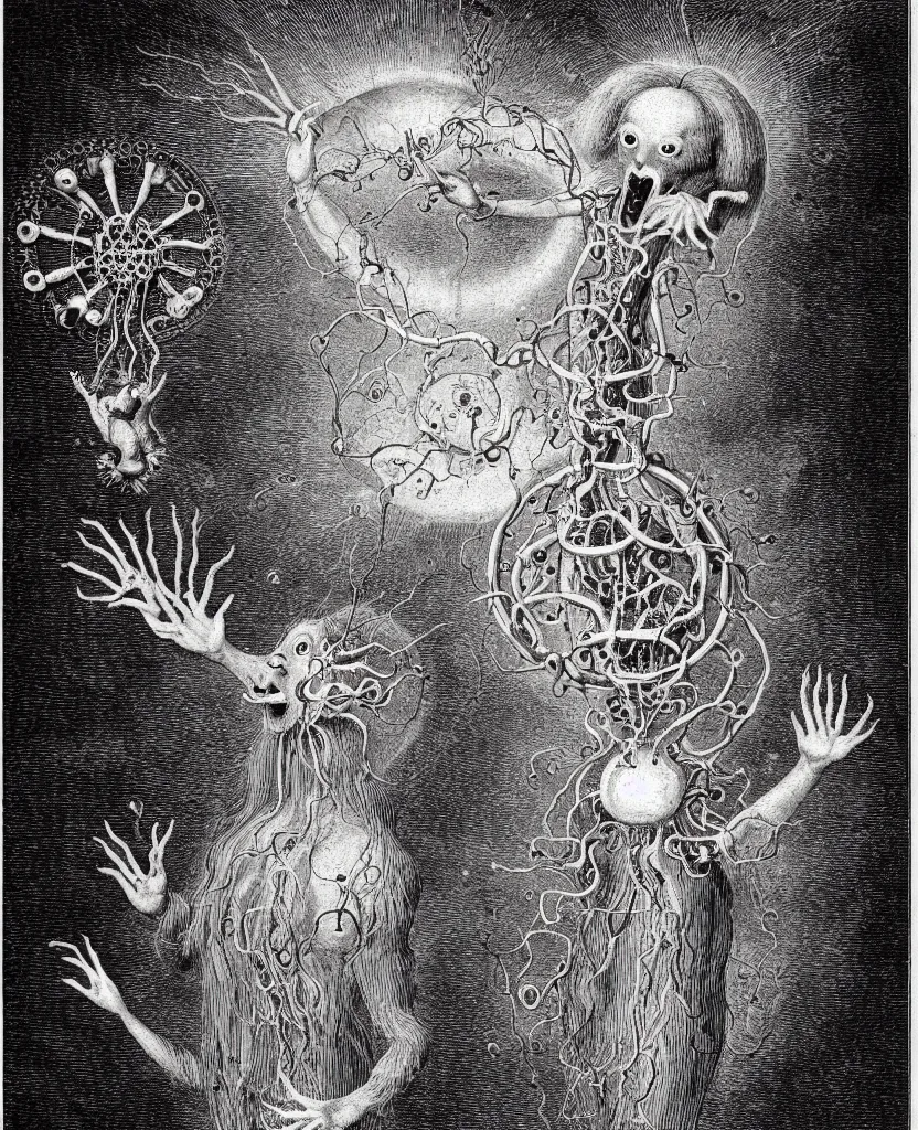 Image similar to whimsical freaky creature sings a unique canto about'as above so below'being ignited by the spirit of haeckel and robert fludd, breakthrough is iminent, glory be to the magic within