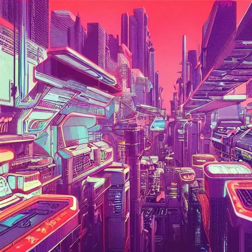 Image similar to astronaut cyberpunk surreal upside down city neon lights moebius