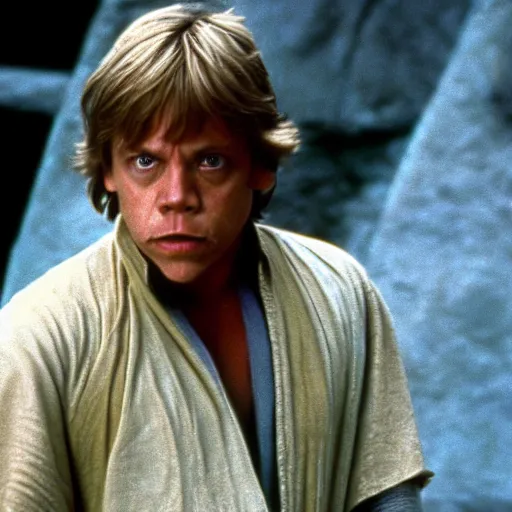 Image similar to A still of Mark Hamill as Luke Skywalker in Star Wars, 1990, Directed by Steven Spielberg, 35mm