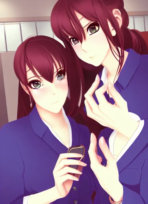 Image similar to a mirror selfie of two beautiful office ladies, gorgeous faces, thick lines, cinematic lighting, detailed anime art