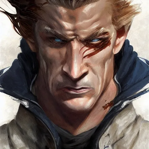 Image similar to portrait of a muscular, grim, ponytail haired blonde man in his late 30's, wearing a thick brown leather coat, looking to his side, scarred face, blue eyes, hunter, DnD character, fantasy character, dramatic lighting, digital art by Ruan Jia, Krenz Cushart, Rossdraws and Boris Vallejo