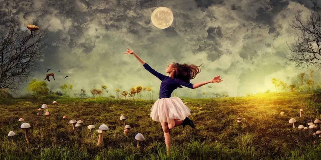 Image similar to pretty girl, wide open field, jumping, flying hair, mushrooms, vegetation, trees, moonlight, old farm