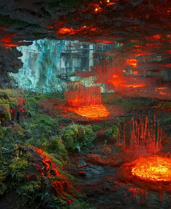 Prompt: intricate transparent clear see - through image of molten forge, lush botany, hellscape environment, ultra realistic, concept art, trippy psychedelic, photorealistic, octane render, 8 k, unreal engine. art by nori inoguchi and sam kaplan and zachary goulko and christopher marley