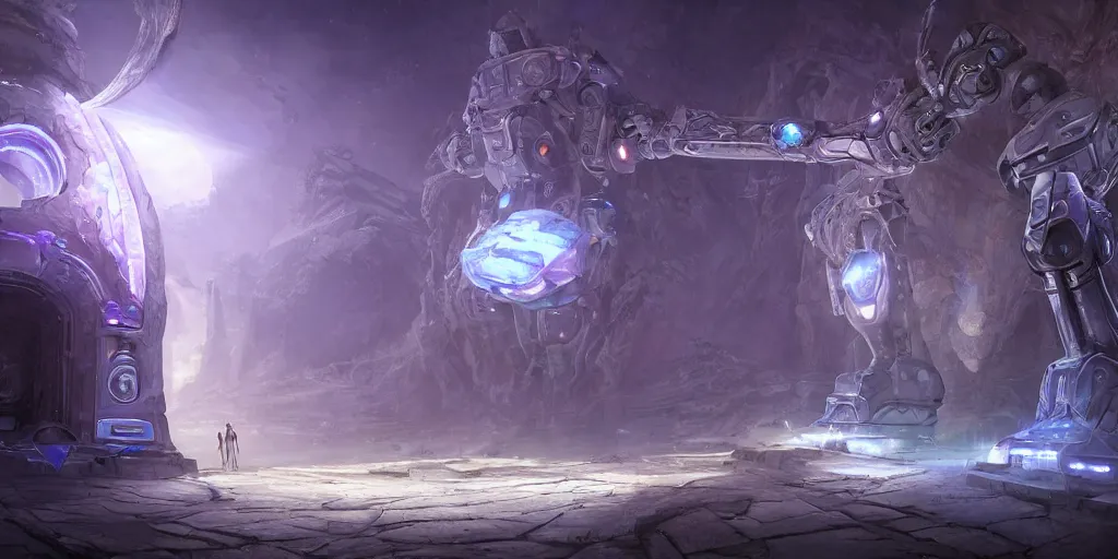 Image similar to a digital painting of a big robot made of white stone, purple crystal inlays, wow kyrian style, by jonas de ro and samwise didier, keeping the entrance of a sanctum, crystals enlight the scene, view is centered on the robot, cinematic lights, at dawn, unreal engine, attestation, deviantart