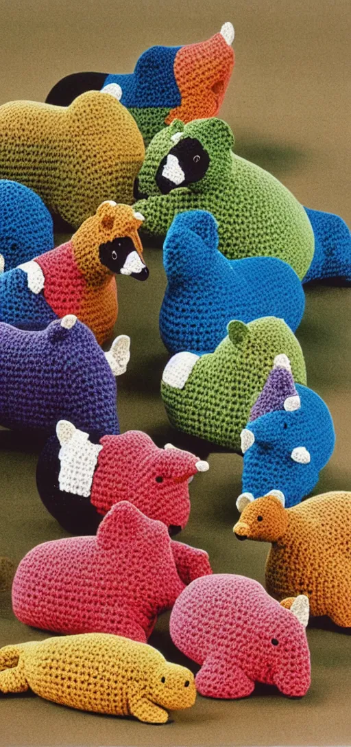 Image similar to multicolored crocheted tapirs, 1 9 8 0 s catalogue photo