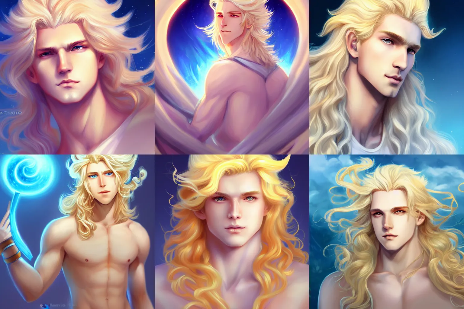 Prompt: the beautiful androgynous young blond male sun god apollo, very very long fluffy curly blond hair, pale white skin, 1 5 0 4, by sakimichan and rossdraws, 4 k digital painting, artstation cgsociety