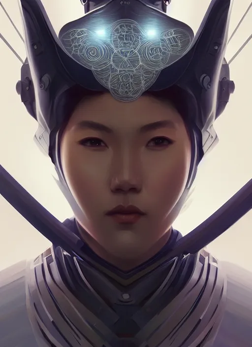 Image similar to symmetry!! portrait of futuristic samurai, sci - fi, tech wear, intricate, elegant, highly detailed, digital painting, artstation, cinematic lighting, concept art, smooth, sharp focus, illustration, art by artgerm and greg rutkowski and alphonse mucha, 8 k