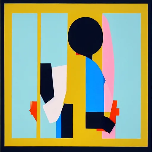 Prompt: A painting of person standing next to a window, abstract painting in the style of Sophie Taeuber-Arp and Gary Hume and Tatsuro Kiuchi, flat colour-block style, geometric abstraction, deep colours
