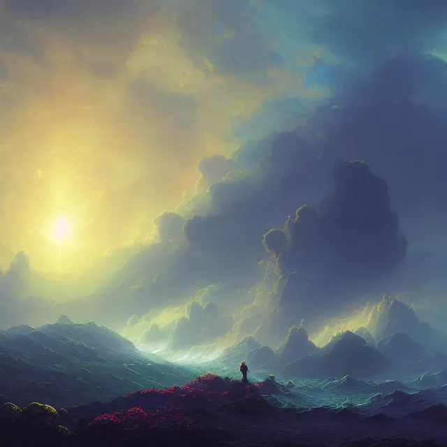 Image similar to fantasy landscape in the form of the human eye, volumetric lighting, colorful, sharp and focus, ultra detailed, beautifully lit landscape, astrophotography, in the art style of dan mumford, ivan aivazovsky and marc simonetti