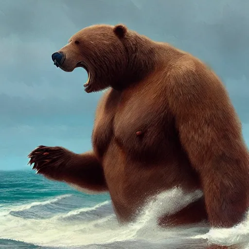 Prompt: Giant bear coming out of the sea rearing up from the side , digital Art, Greg rutkowski, Trending artstation, cinematographic, hyperrealistic