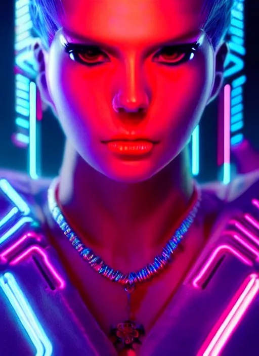 Image similar to a american female humanoid, cyber neon lighting, futurism, intricate futuristic jewelry, cyberpunk high fashion, glamor profile pose, hyper photorealistic, crispy quality, digital photography, trending in artstation, trending in pinterest, cinematic, 4 k ultra hd, art by pascal blanche, art by greg rutkowski,