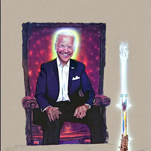 Prompt: Joe Biden with glowing lens flare eyes sitting on a throne made out of human skulls, oil painting